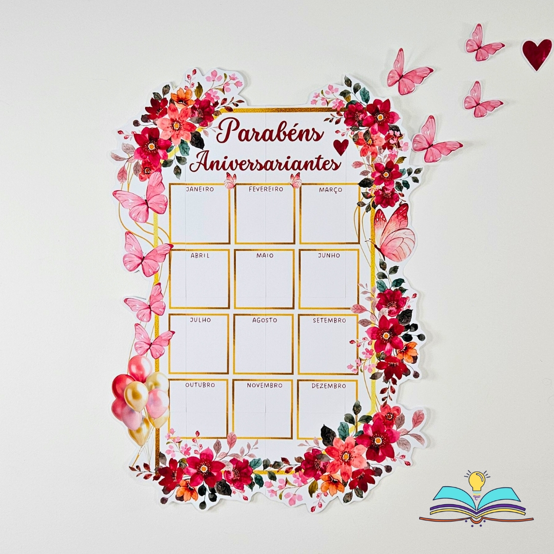 Painel informativo para anotar os aniversariantes do mês de forma prática e organizada.