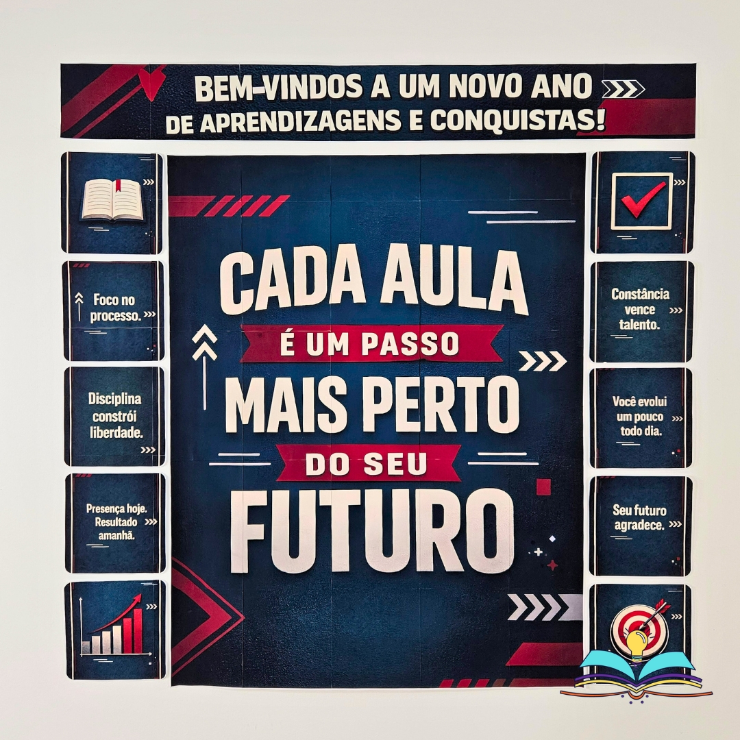 Painel com temática de acolhimento, boas-vindas e bom retorno aos alunos.