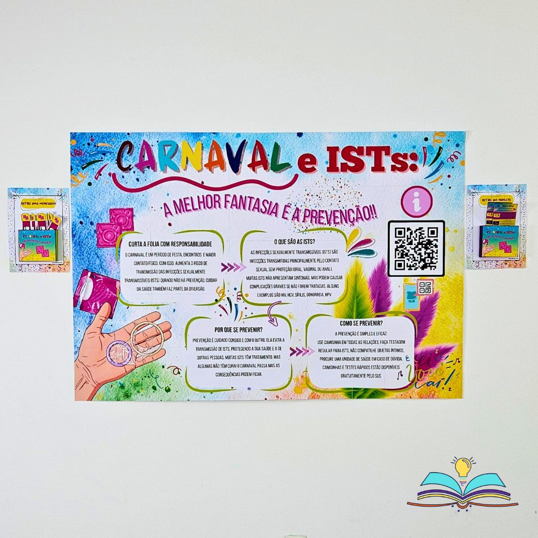 Painel informativo sobre carnaval e ISTs que trata da responsabilidade, cuidado, informação, prevenção e saúde coletiva.