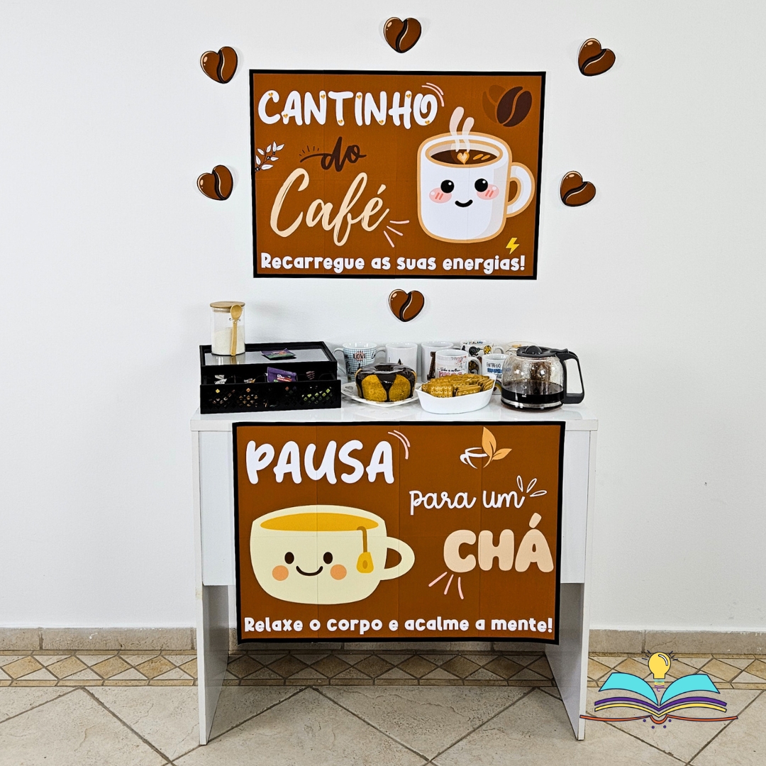 Painel a respeito do cantinho do café e chá. Perfeito para criar um espaço onde seja possível pausar, conectar ideias e tornar seu ambiente mais acolhedor hoje.