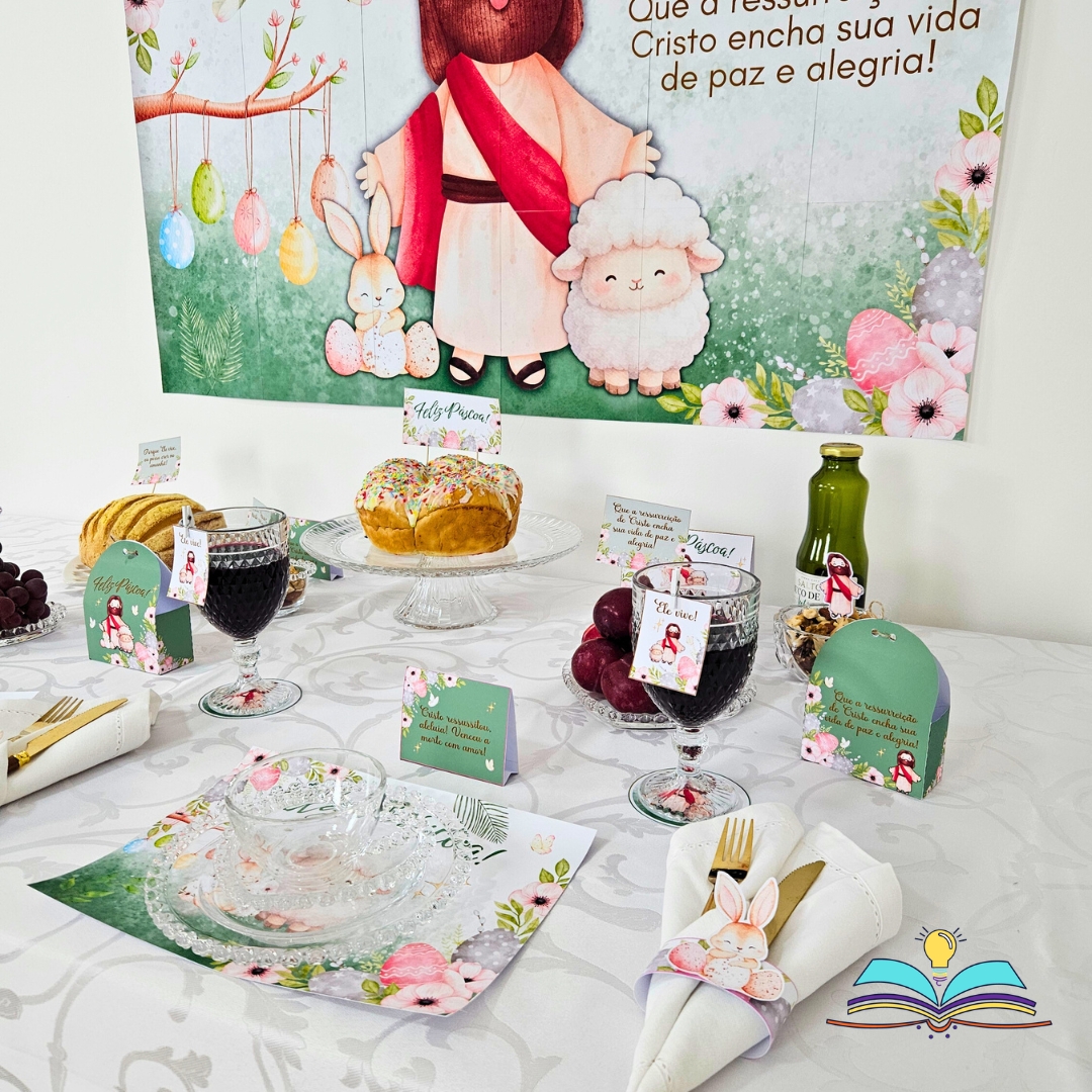 Painel de Páscoa com detalhes delicados, cores suaves e alegria especial para decorar e celebrar.