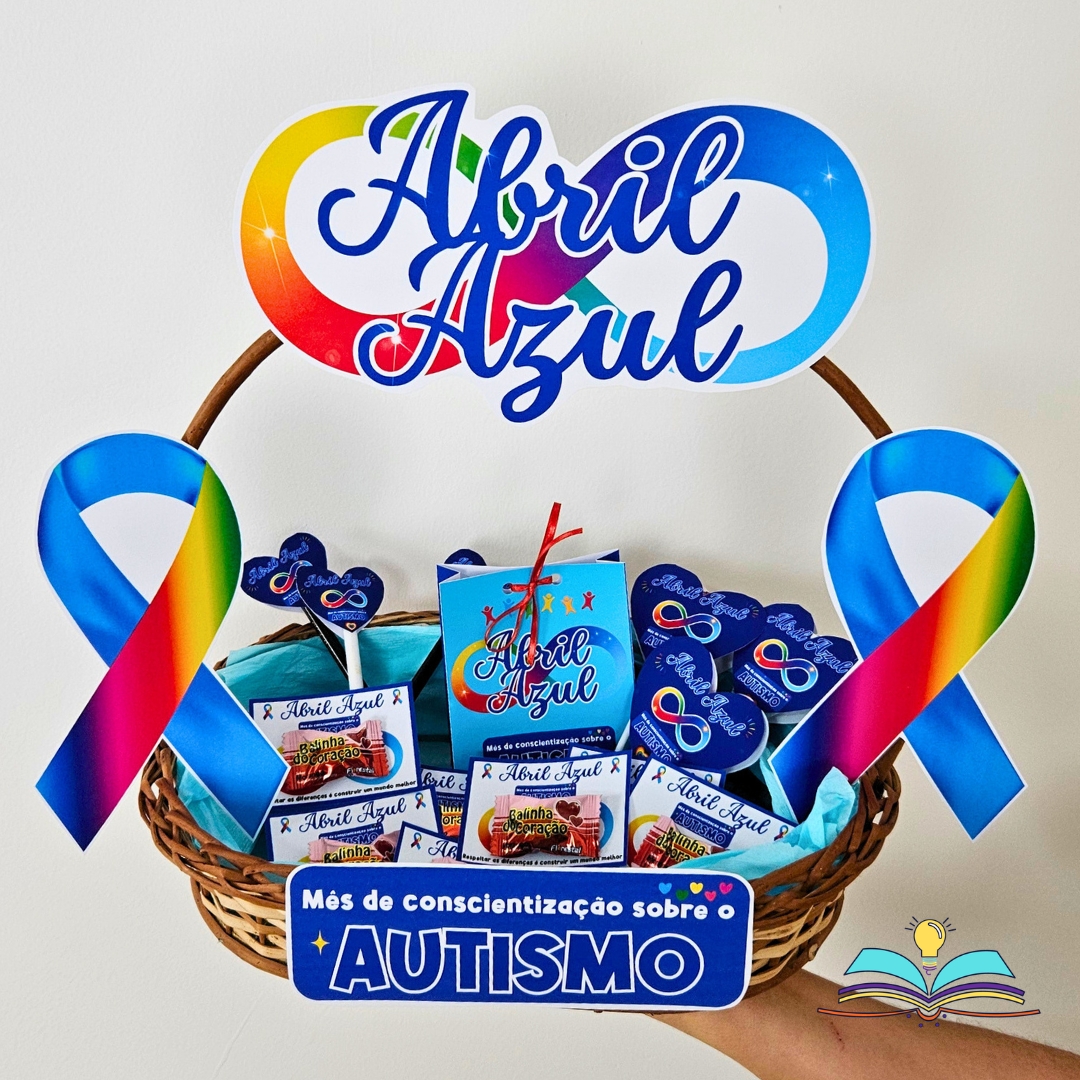 Elementos decorativos para uma cesta com lembrancinhas do tema Abril Azul.
