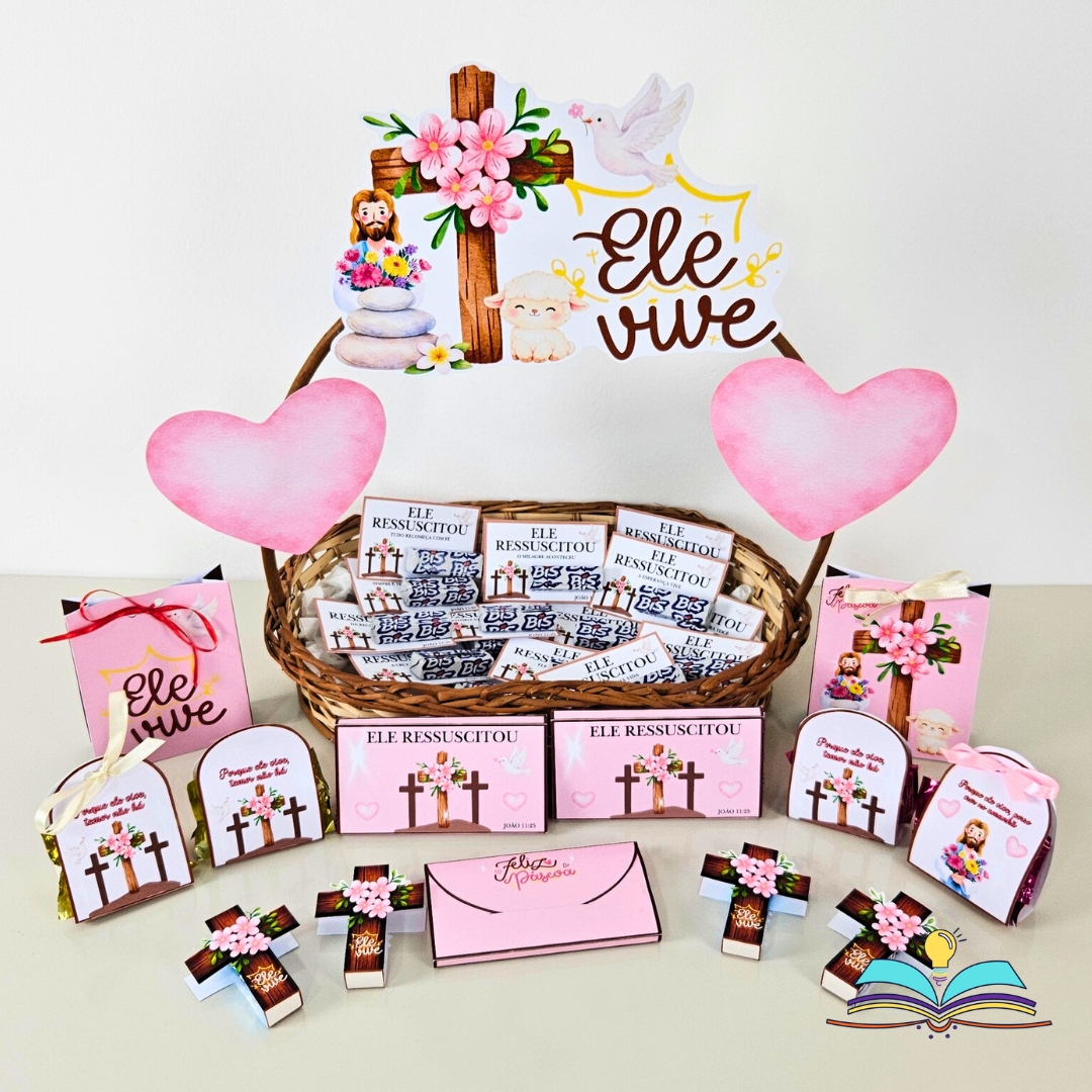 Elementos decorativos para uma cesta com lembrancinhas do tema páscoa cristã.