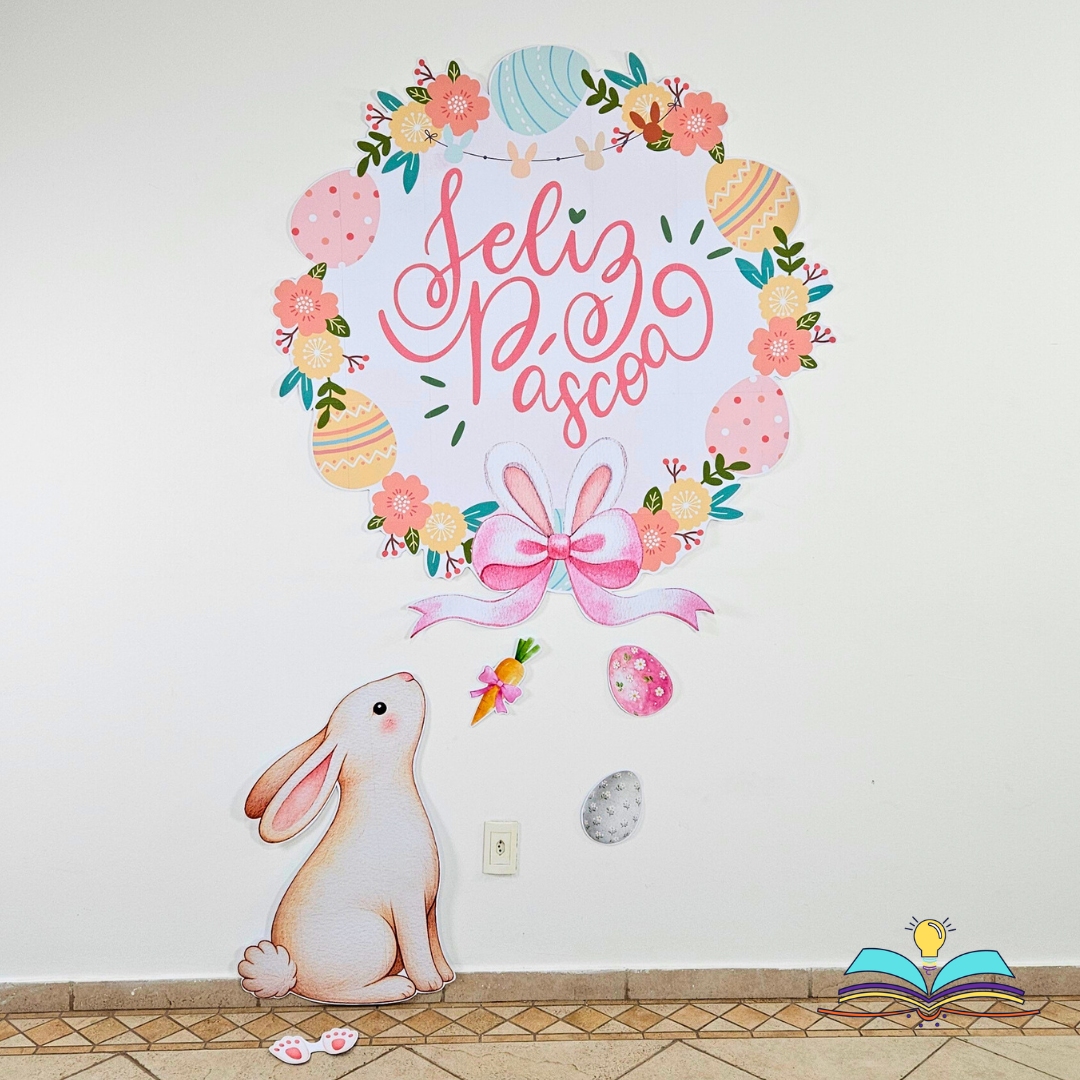 Painel de Páscoa com detalhes delicados, cores suaves e alegria especial para decorar e celebrar.
