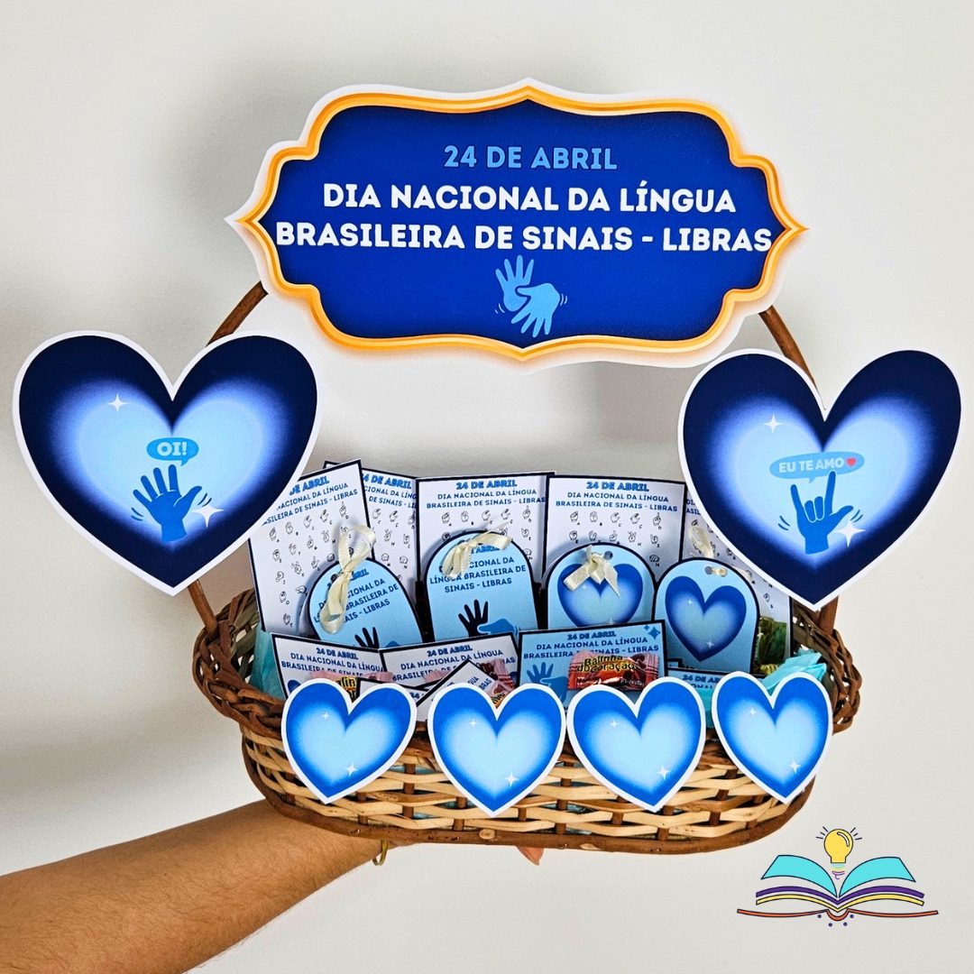 Elementos decorativos para uma cesta com lembrancinhas do tema Dia Nacional da Libras.