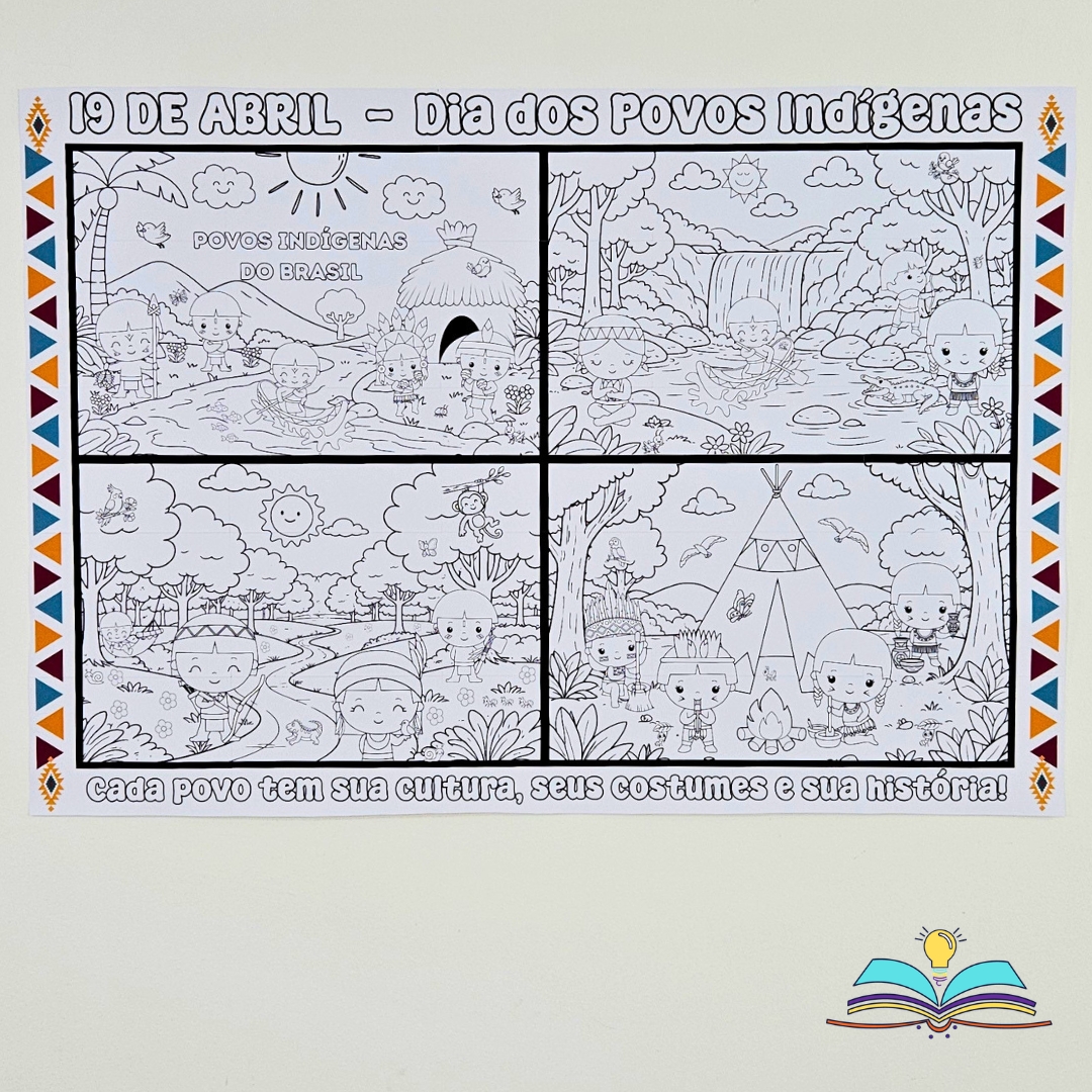 Painel de colorir com o tema Povos Indígenas do Brasil, valorizando cultura, identidade, diversidade e respeito.