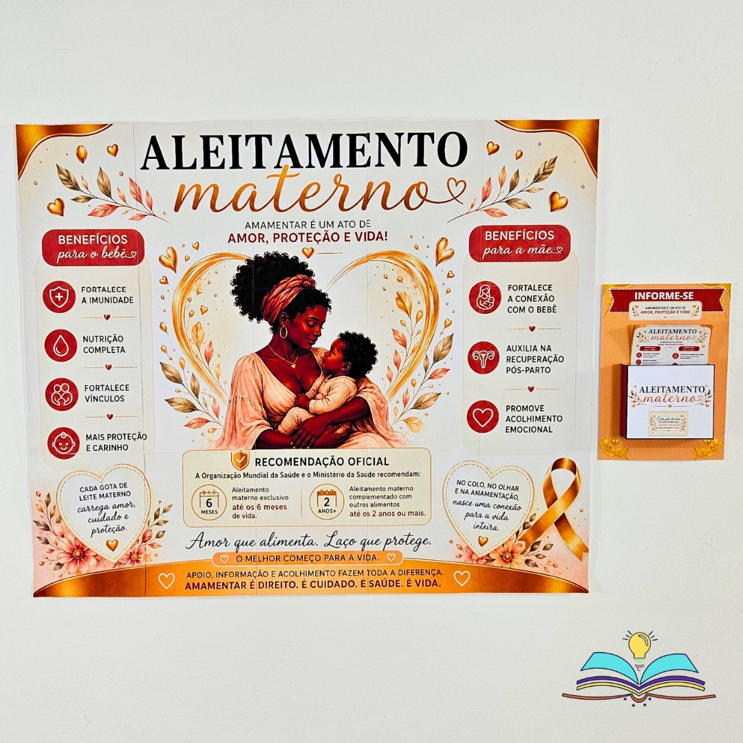 Painel com tema Aleitamento Materno para informar, acolher e valorizar esse gesto de cuidado, vínculo e proteção.