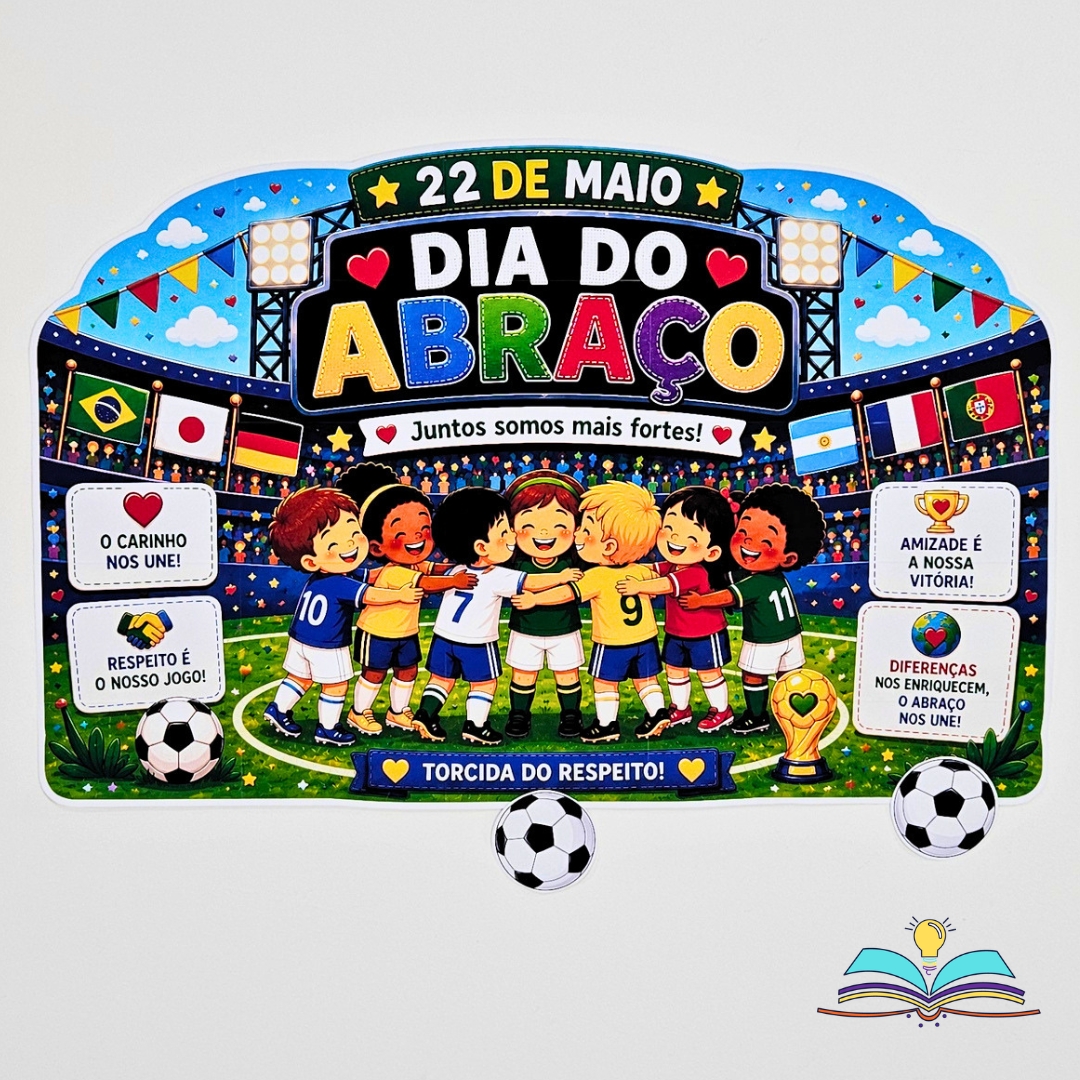 Painel com tema, Dia do Abraço, celebrado em 22 de maio, para valorizar carinho, união e afeto.