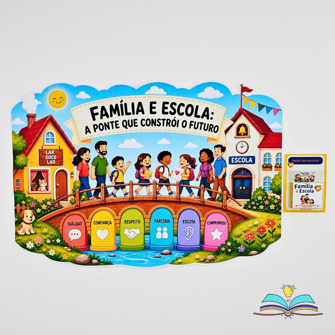 Painel com o tema Família e Escola, duas mãos que se unem para fortalecer aprendizagem, afeto e parceria.