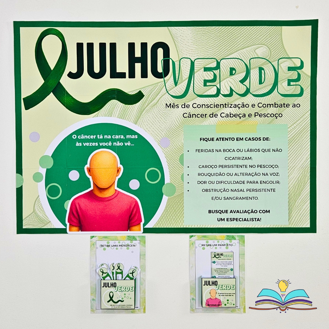Painel com o tema Julho Verde: conscientização sobre o câncer de cabeça e pescoço, prevenção, atenção aos sinais e diagnóstico precoce.