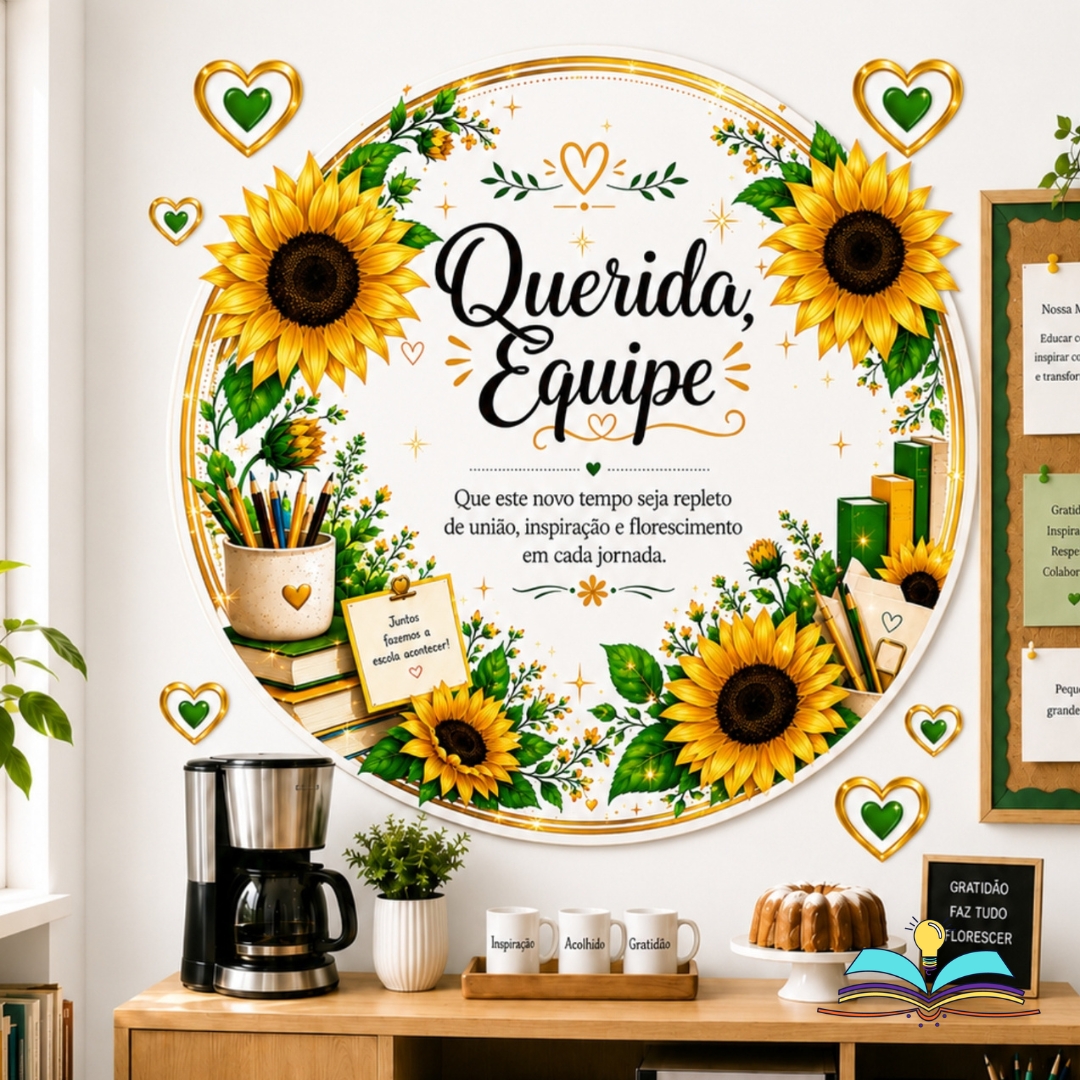 Painel com o tema Querida Equipe, Girassol, desenvolvido para valorizar os profissionais, fortalecer os vínculos, transmitir reconhecimento e tornar o ambiente mais acolhedor, alegre e especial.
