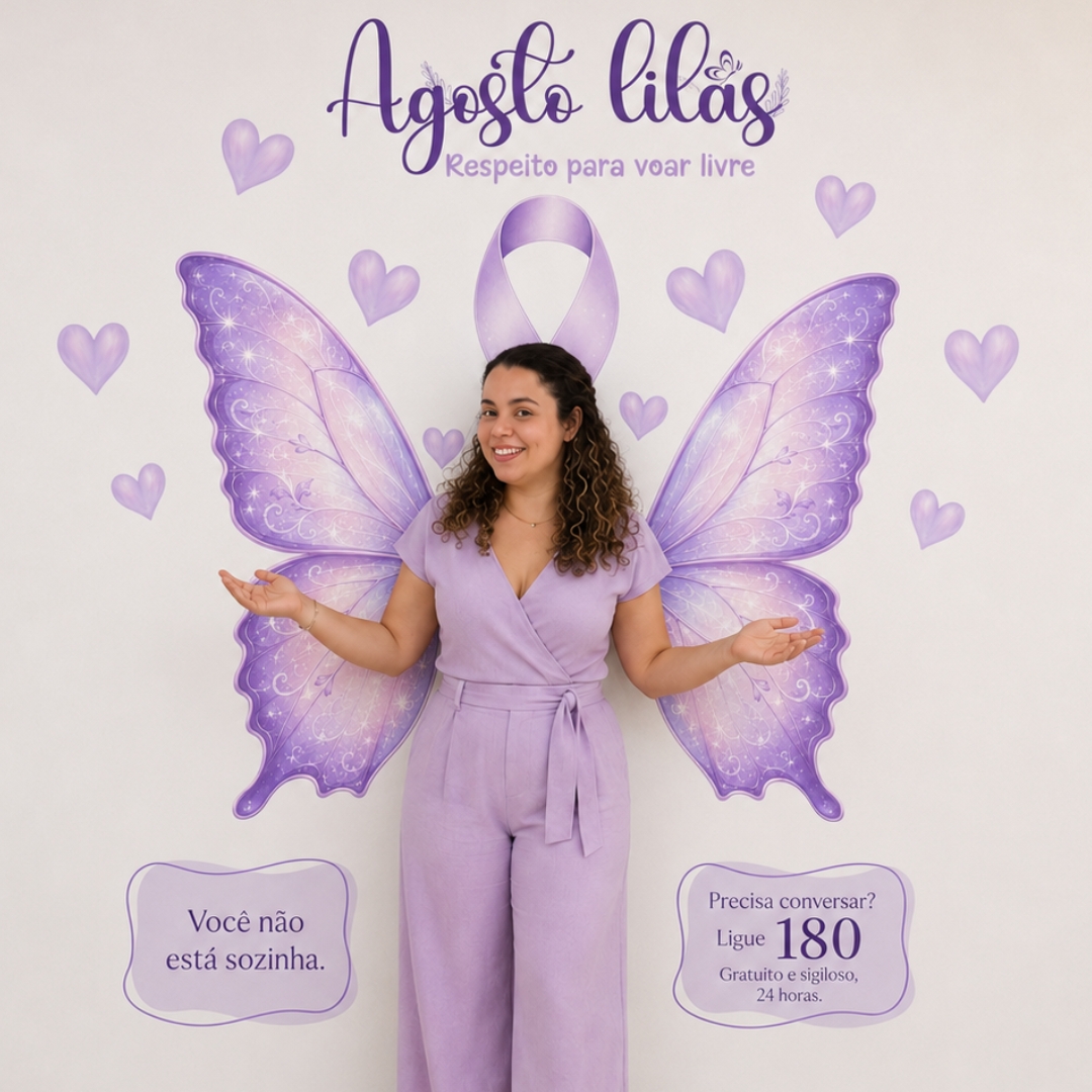Painel Asas com o tema Agosto Lilás: toda mulher merece viver com liberdade, respeito e segurança. Rompa o silêncio, acolha, proteja e denuncie a violência.