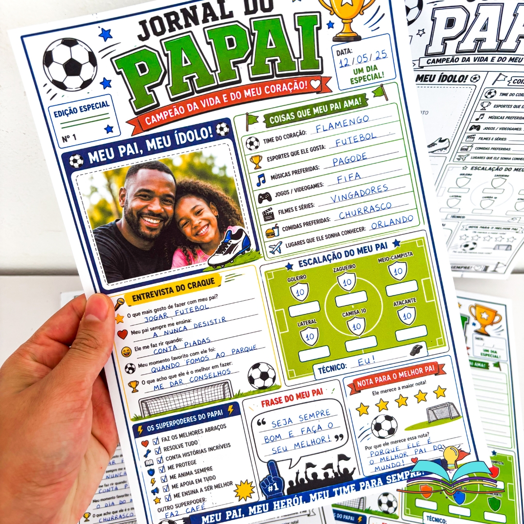 Jornal de atividades com o tema Dia dos Pais, ideal para desenvolver leitura, escrita, criatividade e expressão de sentimentos com crianças no ambiente escolar.