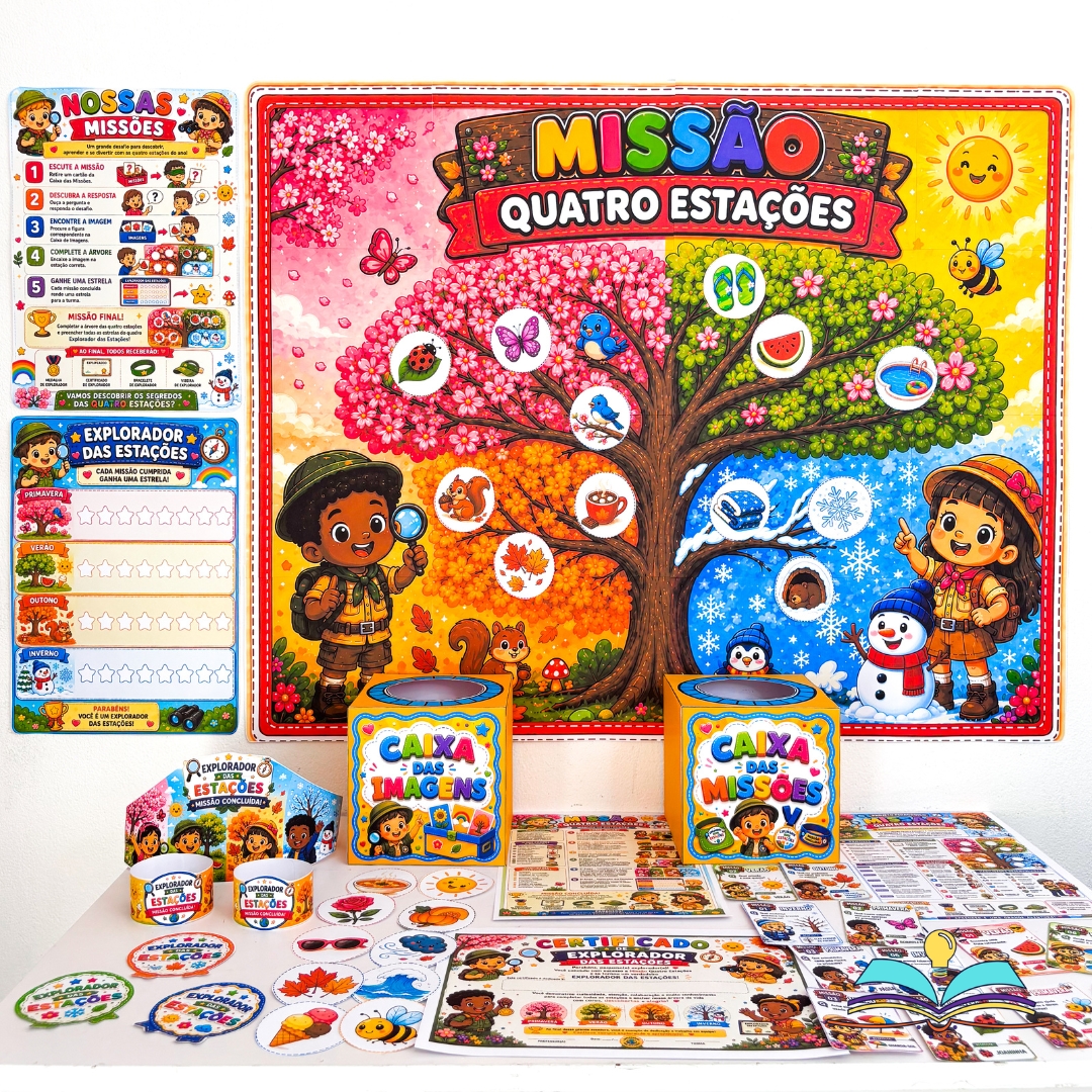Kit pedagógico com o tema Quatro Estações, ideal para ensinar as características de cada estação por meio de missões interativas, com proposta lúdica para a Educação Infantil e os Anos Iniciais.