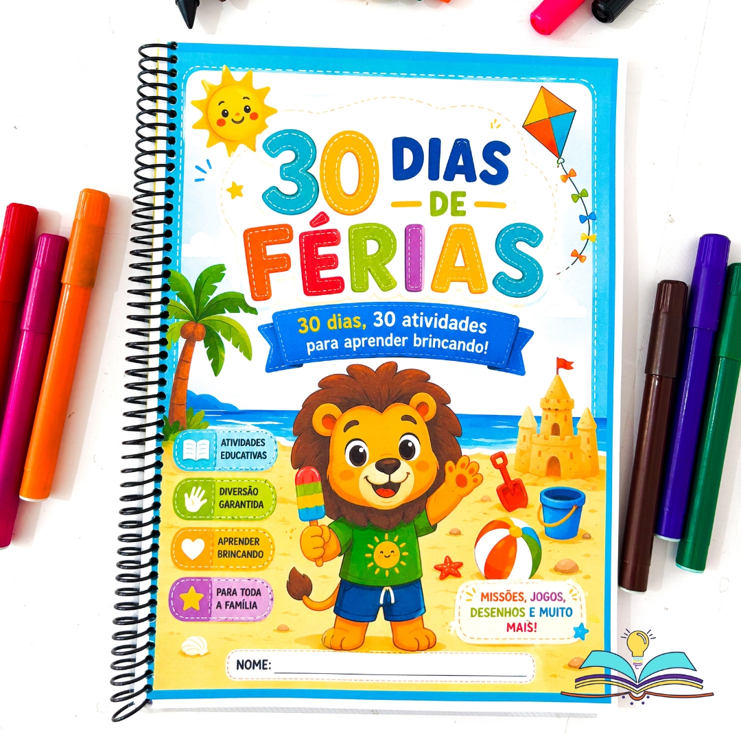 Apostila de atividades com o tema férias, ideal para promover aprendizagem, criatividade e desenvolvimento infantil durante o recesso escolar.