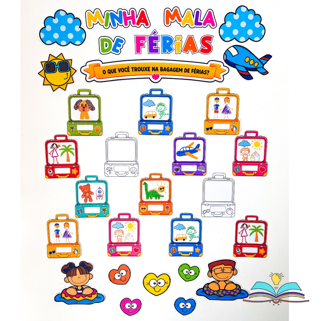 Painel interativo com o tema férias, ideal para acolher os alunos no retorno às aulas e estimular a oralidade, a criatividade e a interação entre a turma.