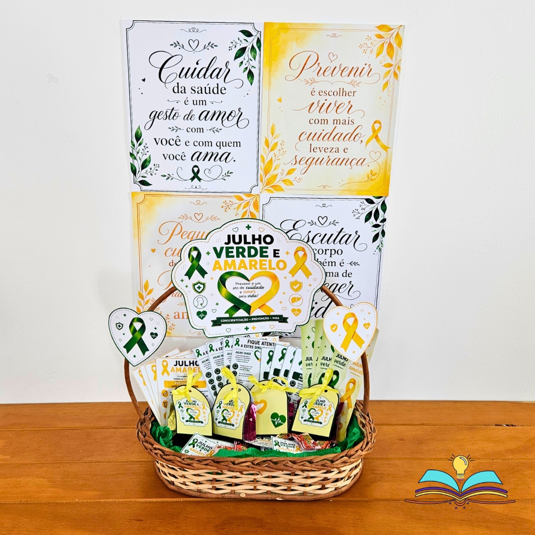 Elementos decorativos para uma cesta com lembrancinhas do tema Julho Amarelo e Verde