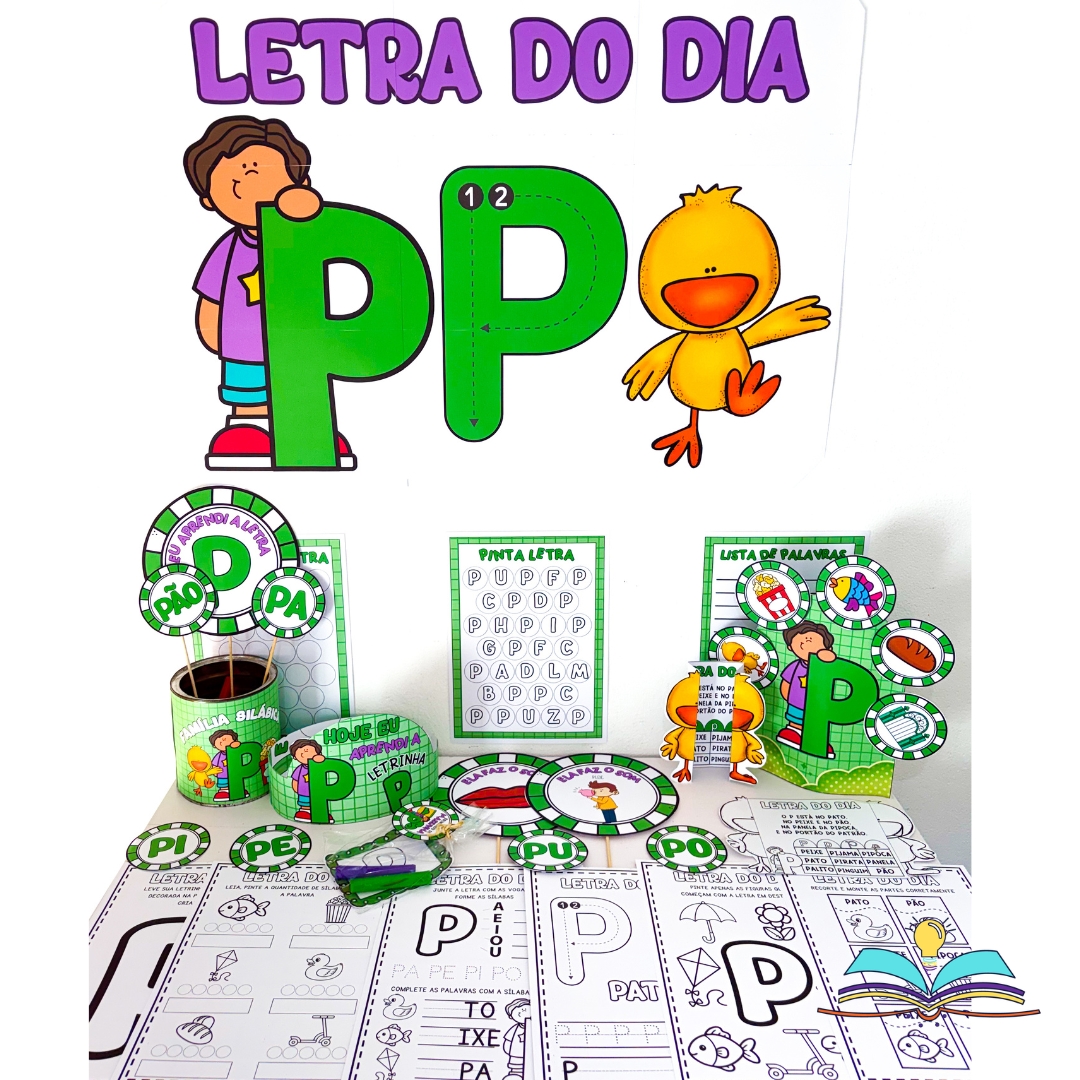 Kit pedagógico com o tema letra P, ideal para apresentar a letra, ampliar o vocabulário e desenvolver habilidades de alfabetização com crianças.