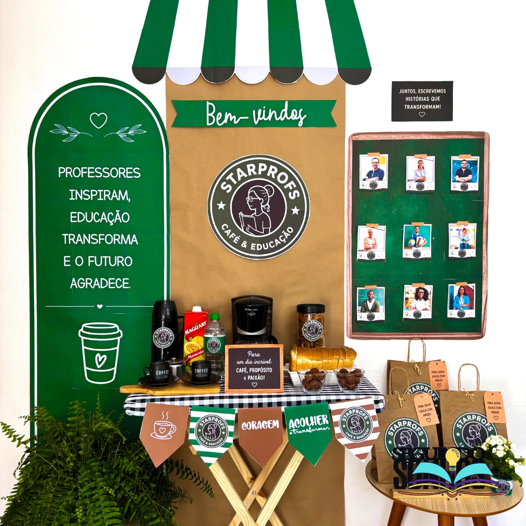 Kit decorativo com o tema Cantinho do Café, ideal para recepcionar e valorizar professores no retorno às aulas, com proposta de acolhimento para o ambiente escolar.