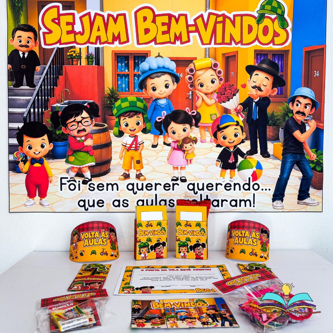 Kit de Volta às Aulas com o tema Chaves, ideal para recepcionar os alunos e decorar o ambiente escolar no início do semestre.