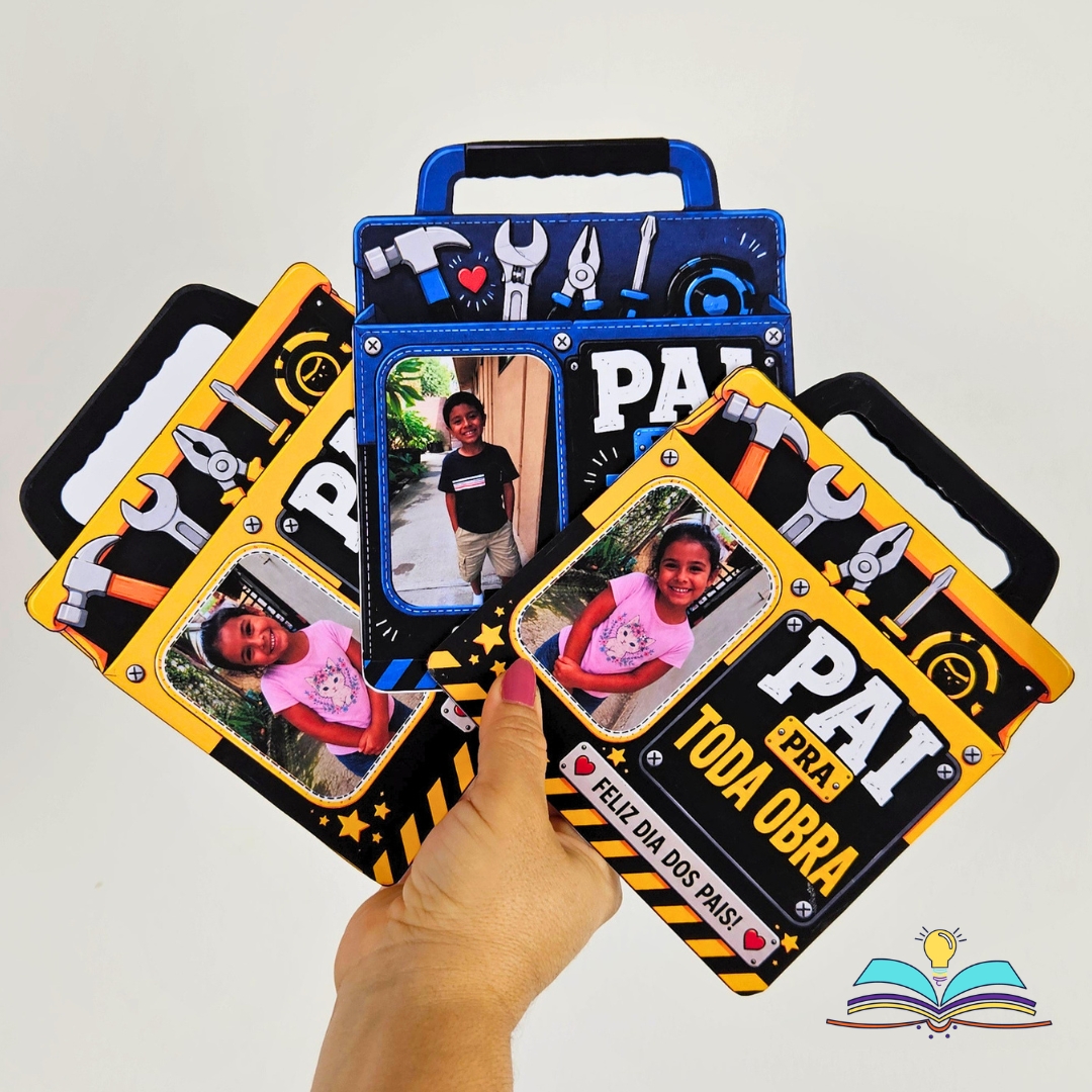 Cartão com formato de maleta de ferramentas para o Dia dos Pais, com moldura editável no Canva para adicionar foto da criança.