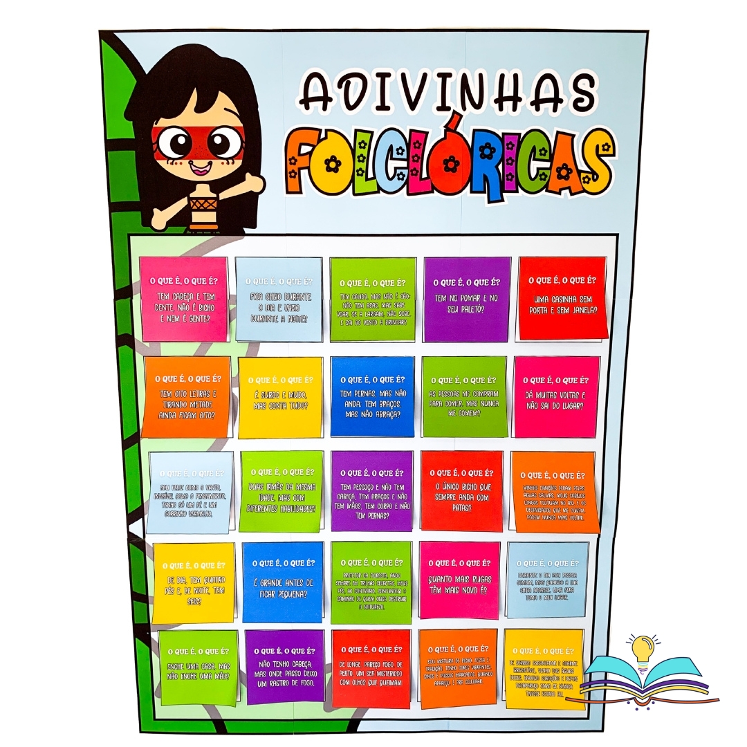Cartaz interativo com adivinhas folclóricas, ideal para desenvolver leitura, vocabulário e conhecimentos sobre a cultura popular na Educação Infantil e nos Anos Iniciais.