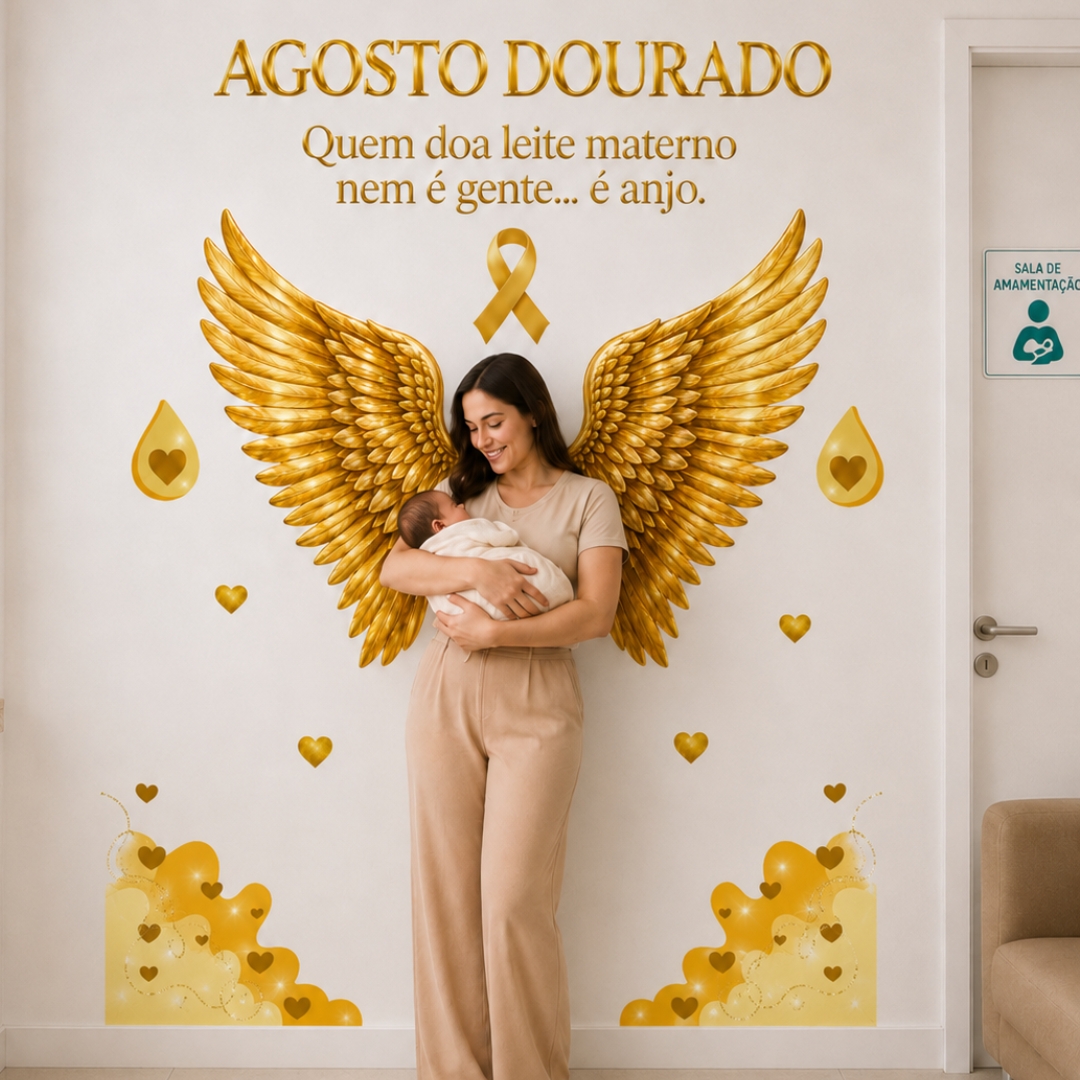 Painel Asas com o tema Agosto Dourado: amamentar é oferecer proteção, vínculo e saúde. Com apoio e informação, toda mãe pode seguir mais segura, confiante.