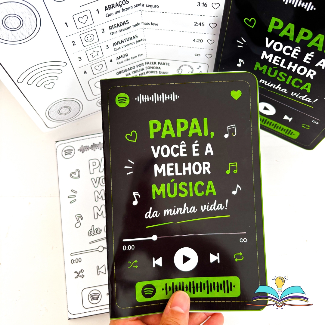 Lembrancinha com o tema Dia dos Pais, ideal para registrar momentos afetivos entre pais e filhos, com proposta de playlist personalizada para crianças.
