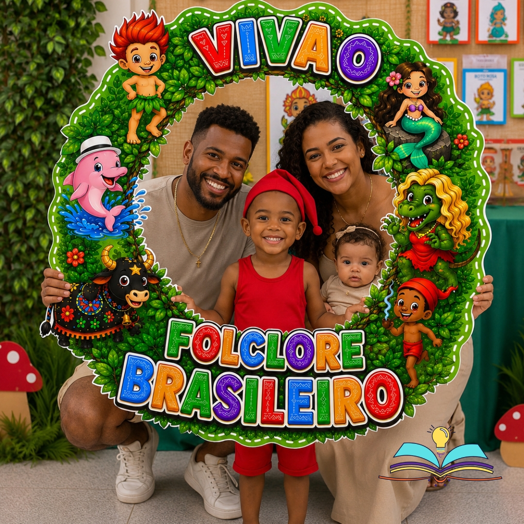 Moldura para fotos com o tema Folclore Brasileiro, ideal para registrar momentos em comemorações, projetos e atividades culturais no ambiente escolar.