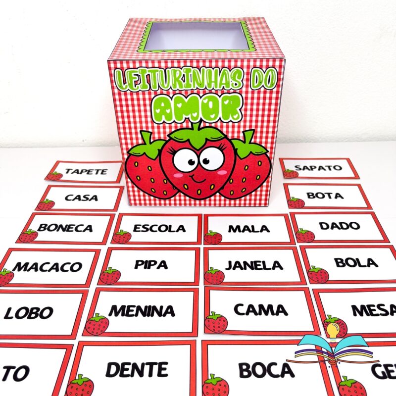Recurso de alfabetização com o tema Morango do Amor, ideal para desenvolver leitura de palavras, formação de frases e fluência leitora com crianças em fase inicial de alfabetização.
