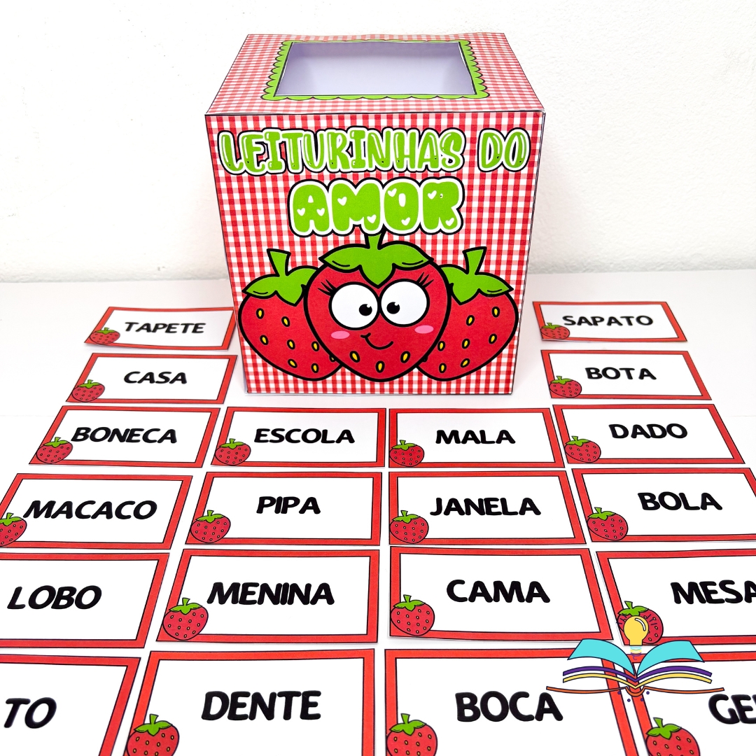 Recurso de alfabetização com o tema Morango do Amor, ideal para desenvolver leitura de palavras, formação de frases e fluência leitora com crianças em fase inicial de alfabetização.