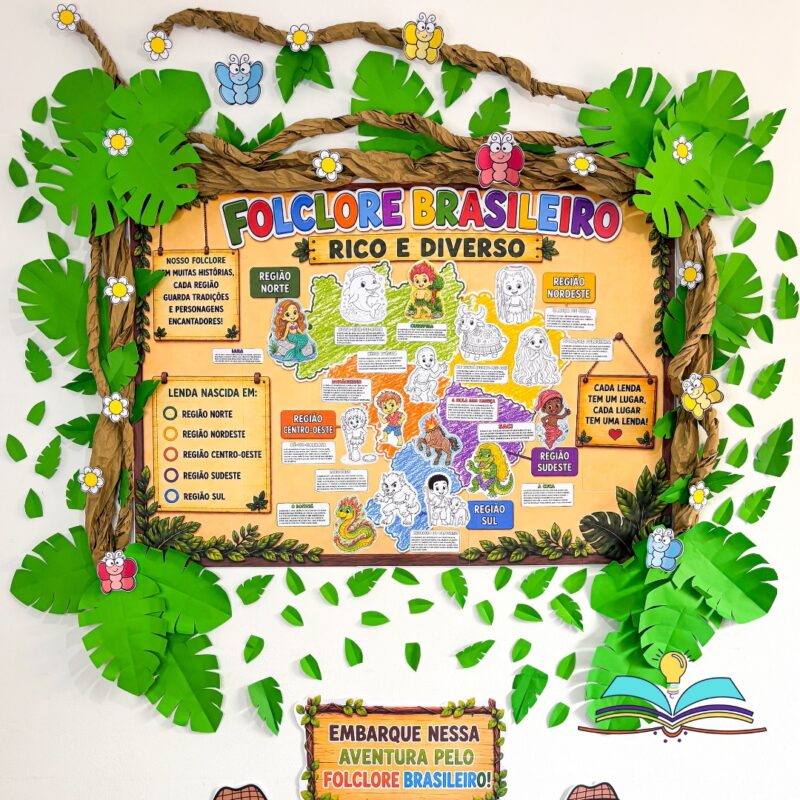 Painel interativo com o tema Folclore Brasileiro, ideal para trabalhar cultura, localização geográfica, patrimônio e diversidade regional com crianças da Educação Infantil e dos Anos Iniciais.
