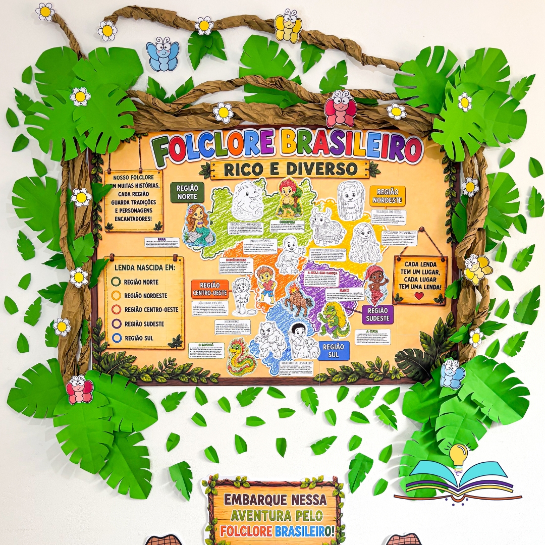 Painel interativo com o tema Folclore Brasileiro, ideal para trabalhar cultura, localização geográfica, patrimônio e diversidade regional com crianças da Educação Infantil e dos Anos Iniciais.