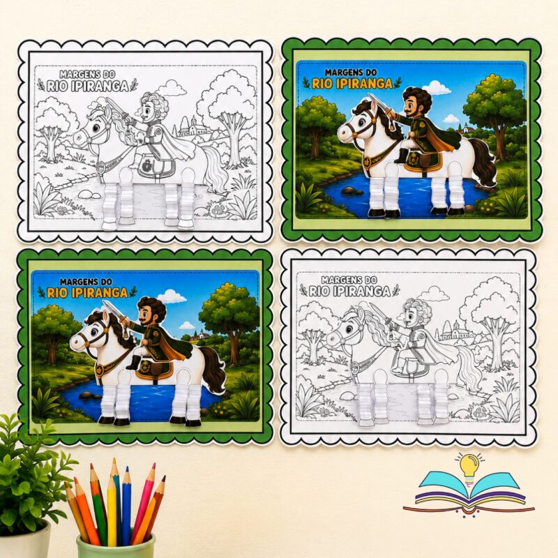 Atividade com o tema Independência do Brasil, ideal para trabalhar o 7 de Setembro por meio de recorte, montagem, pintura e movimento com crianças.