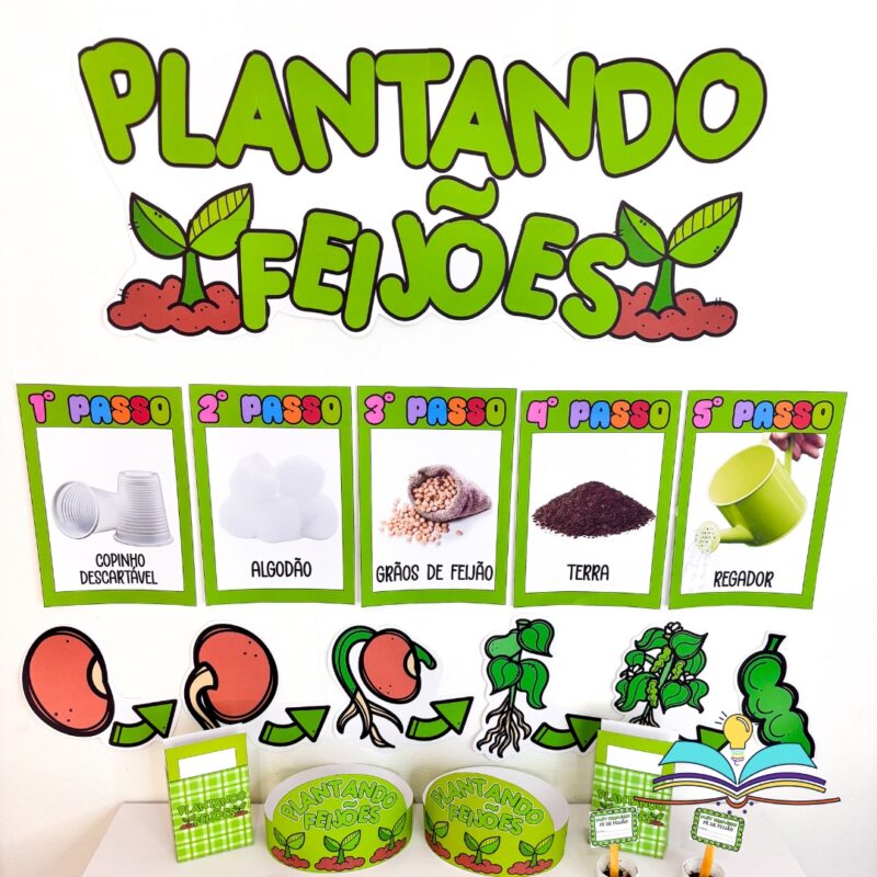 Kit pedagógico com o tema plantio do feijão, ideal para trabalhar ciclo de crescimento das plantas, observação, registro e Ciências com crianças da Educação Infantil.