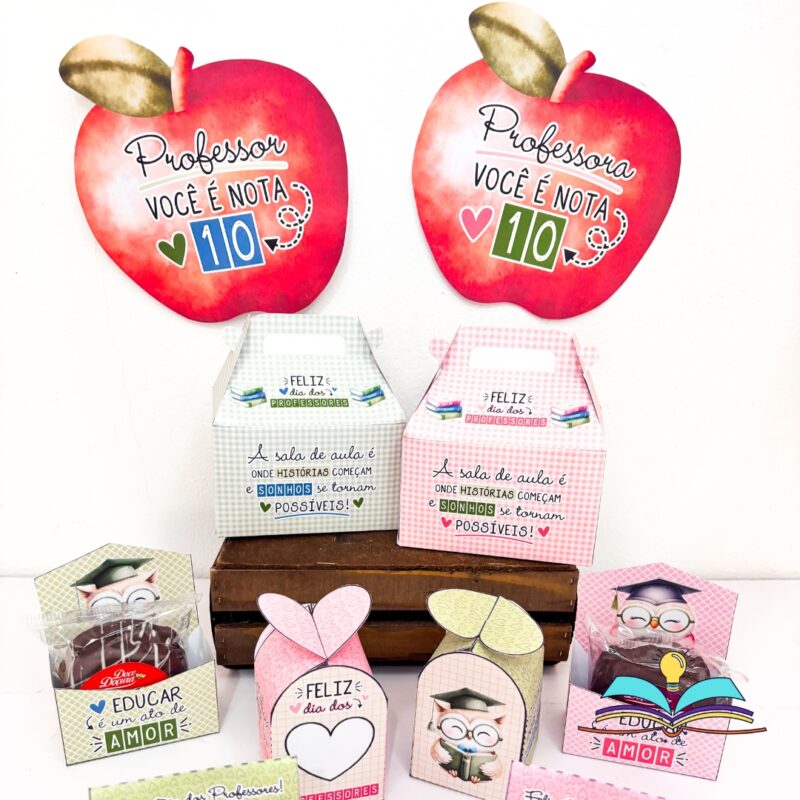 Kit de lembrancinhas com o tema Dia dos Professores, ideal para preparar homenagens e pequenos presentes para professores no ambiente escolar.