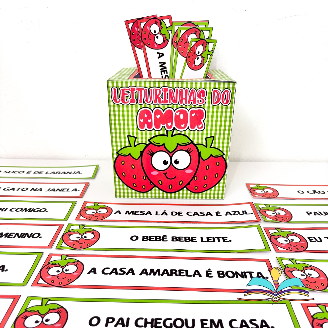 Recurso de alfabetização com o tema Morango do Amor, ideal para desenvolver fluência leitora, compreensão e autonomia com crianças em fase de alfabetização.