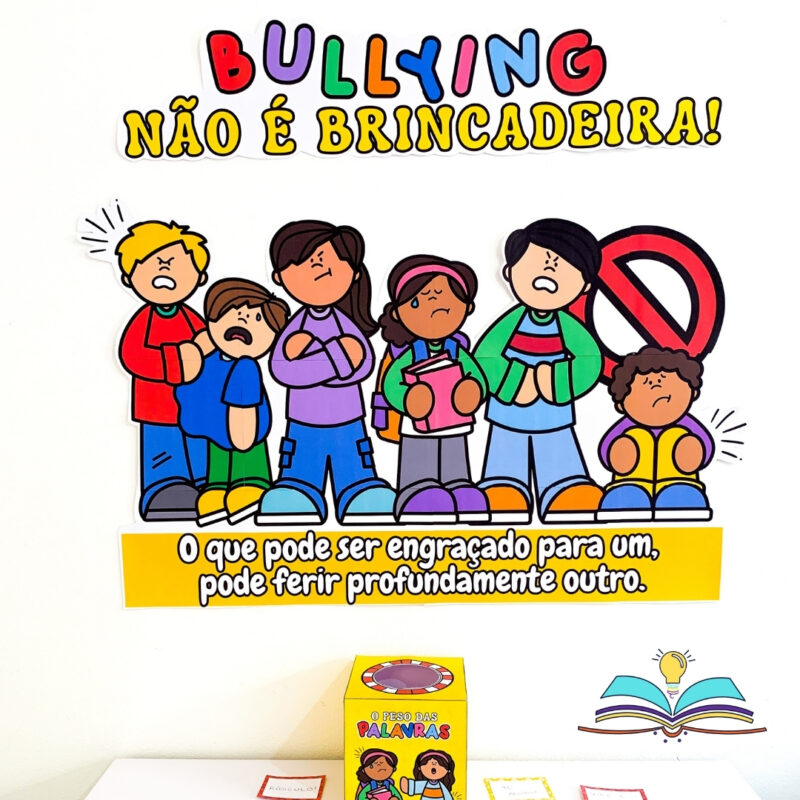 Kit pedagógico com o tema bullying, ideal para promover respeito, empatia e reflexão sobre atitudes no ambiente escolar.