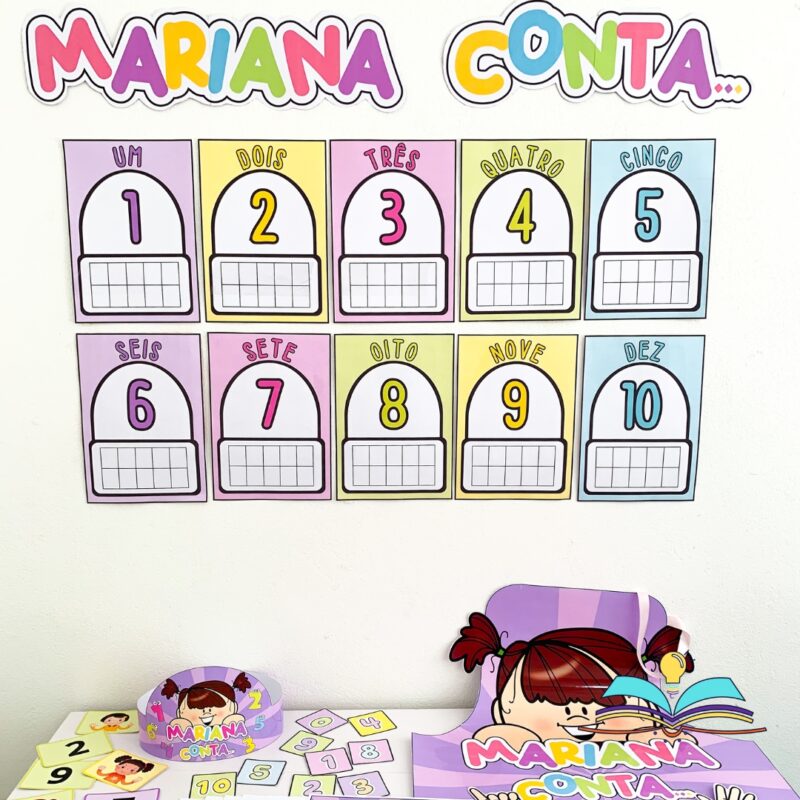 Kit pedagógico de Matemática com números de 1 a 10, ideal para trabalhar contagem, reconhecimento numérico e associação entre número e quantidade com crianças.
