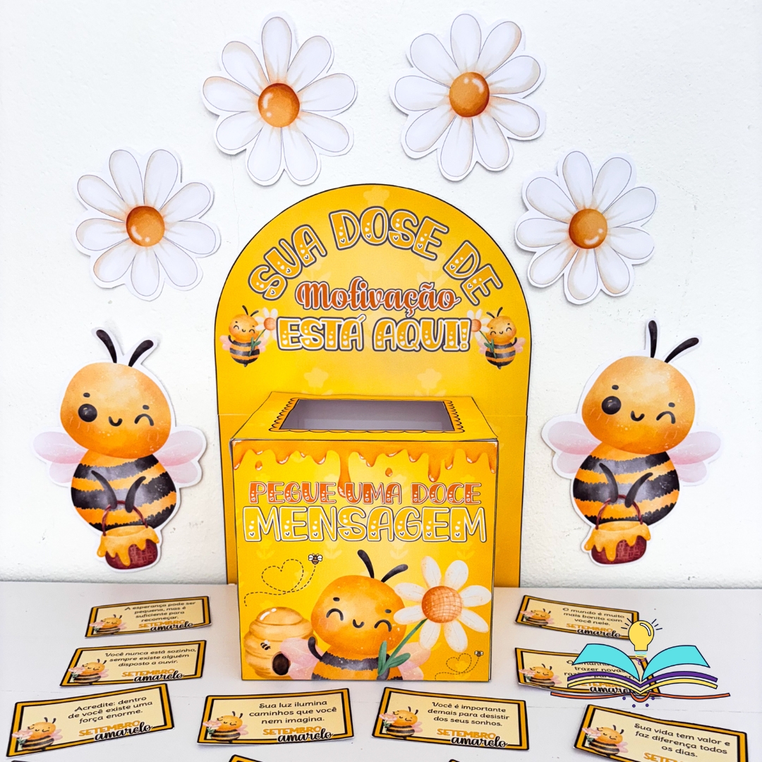Caixa motivacional com o tema Setembro Amarelo, ideal para ações de acolhimento, incentivo e valorização da vida em ambientes escolares e institucionais.