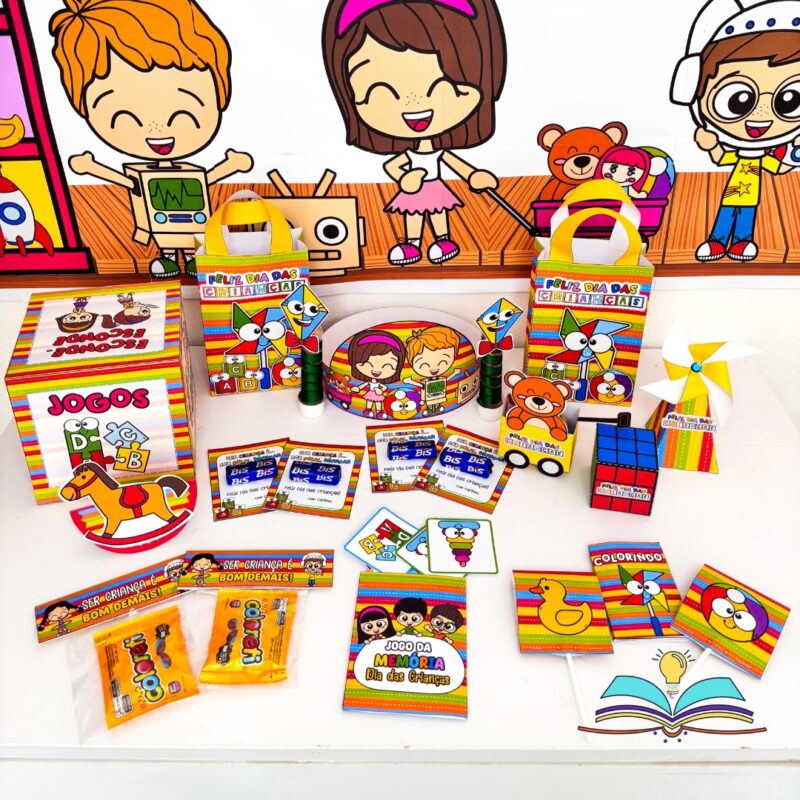 Kit de lembrancinhas com o tema Dia das Crianças e Brinquedos, ideal para preparar mimos e atividades comemorativas para crianças no ambiente escolar.