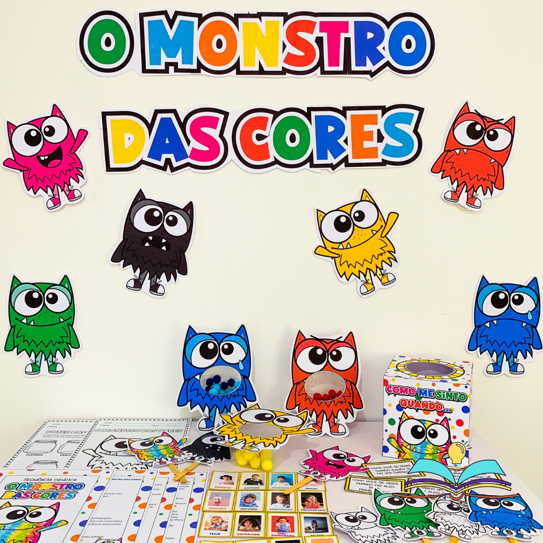 Kit de sequência didática com o tema O Monstro das Cores, ideal para trabalhar sentimentos, emoções e expressão emocional com crianças de 3 a 5 anos.