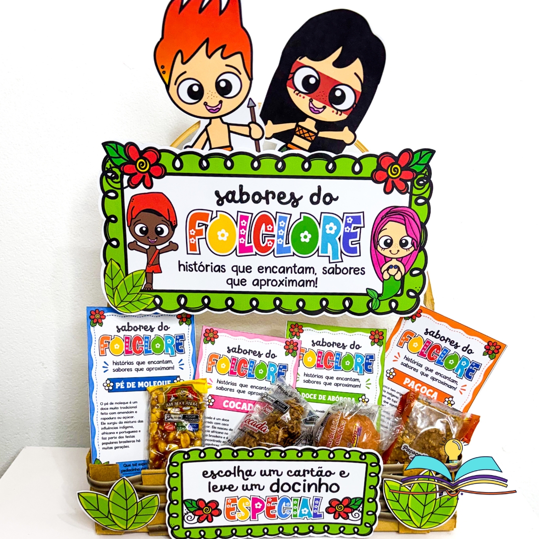 Recurso pedagógico com o tema Folclore Brasileiro, ideal para trabalhar cultura, leitura e tradições culinárias brasileiras com crianças em atividades escolares.