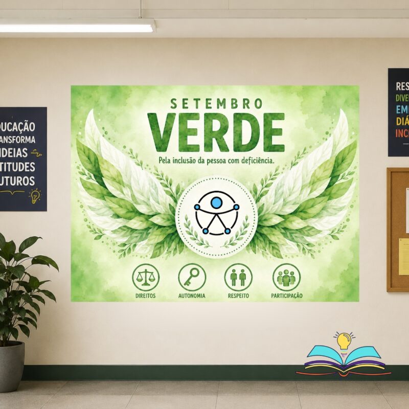 Painel com o tema Setembro Verde: Respeito, destacando a importância da inclusão, da empatia, da acessibilidade e valorização das diferenças.