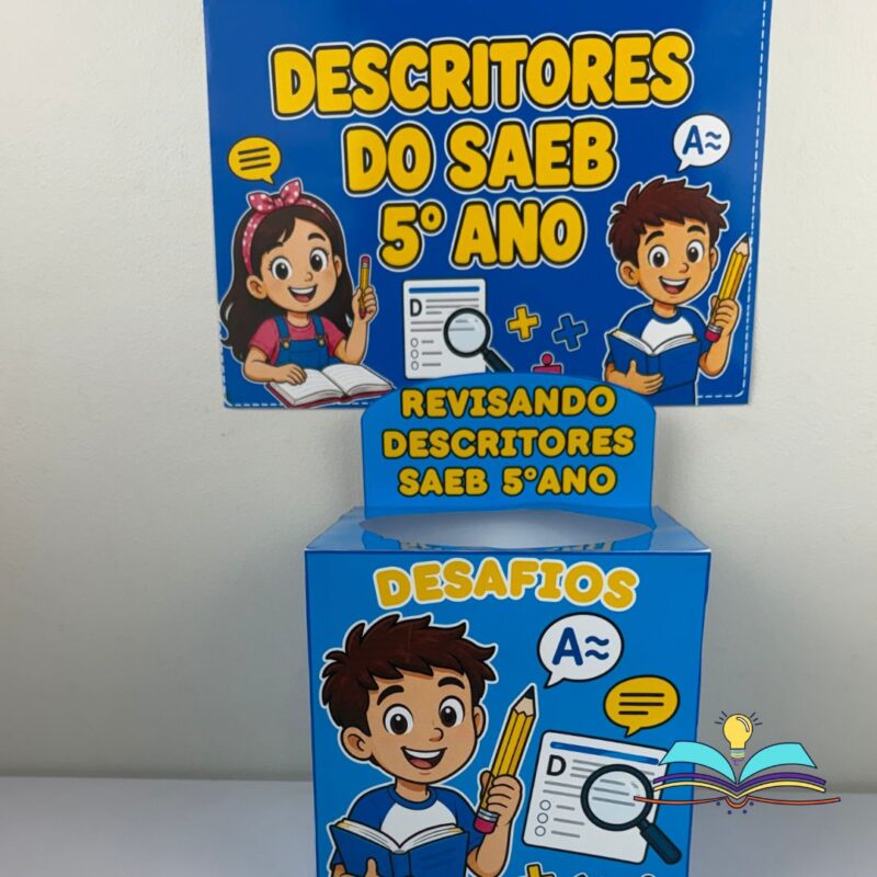 Recurso pedagógico com o tema SAEB, ideal para revisar e consolidar habilidades avaliadas no 5º ano por meio de desafios e questões de múltipla escolha.