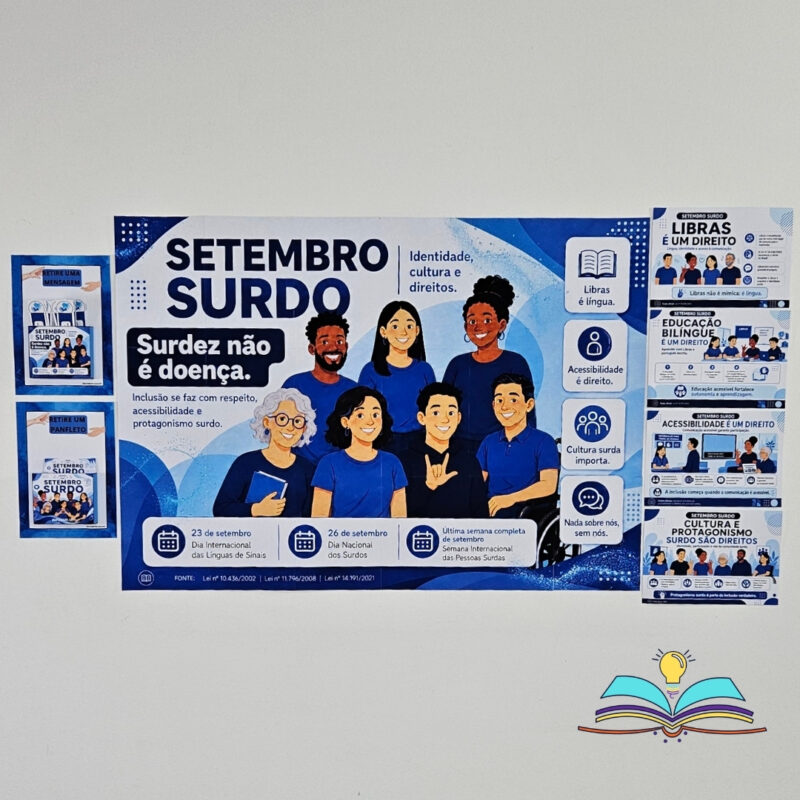 Painel com o tema Setembro Surdo, ideal para promover a inclusão, valorizar a Libras, fortalecer a cultura surda e incentivar o respeito às diferentes formas de comunicação.